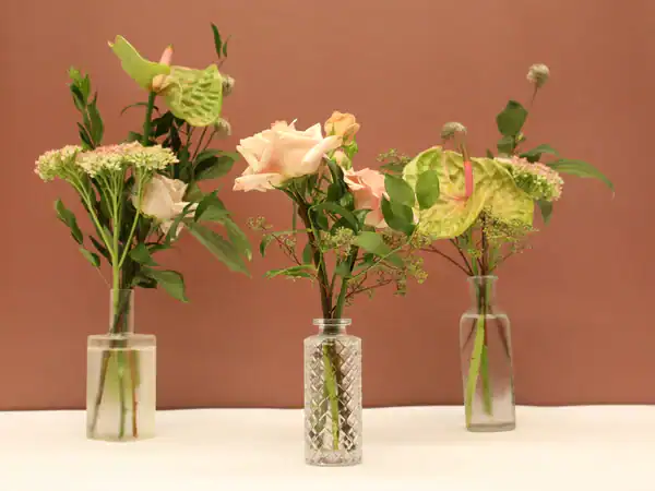 Three glass vases with assorted green foliage and pale pink flowers are arranged against a plain, muted brown background on a white surface—elegant selections perfect for those seeking flowers for sale Manhattan NYC. The floral arrangements vary slightly in shape and size.