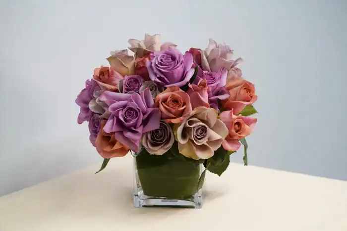 A square glass vase filled with a bouquet of pink, purple, and peach roses sits on a light-colored surface against a plain light blue background, perfect for those seeking flowers for sale in Manhattan NYC.
