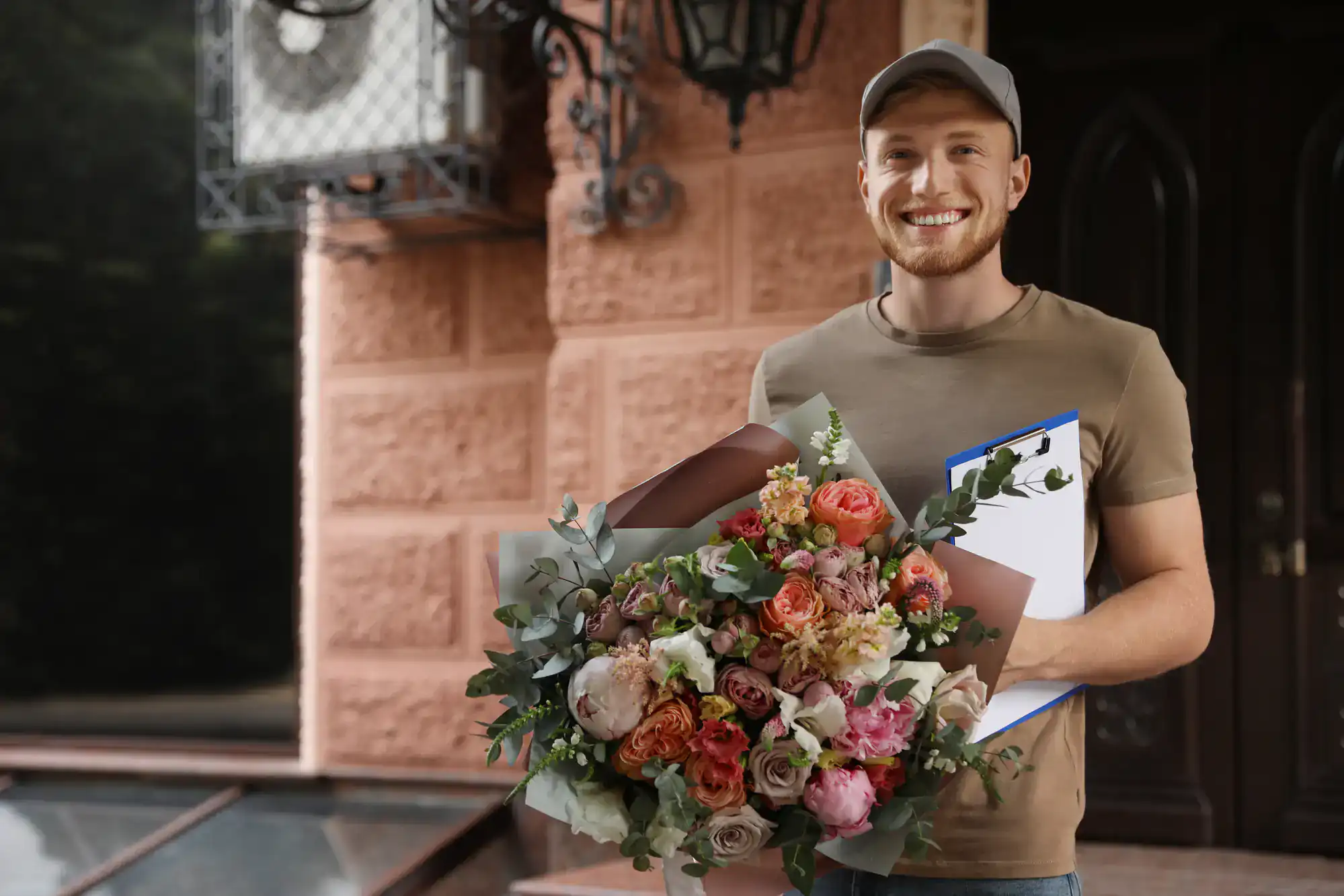 A smiling man wearing a cap and a khaki t-shirt holds a colorful bouquet of flowers and a clipboard, standing outside a building with a peach-colored wall and dark door.