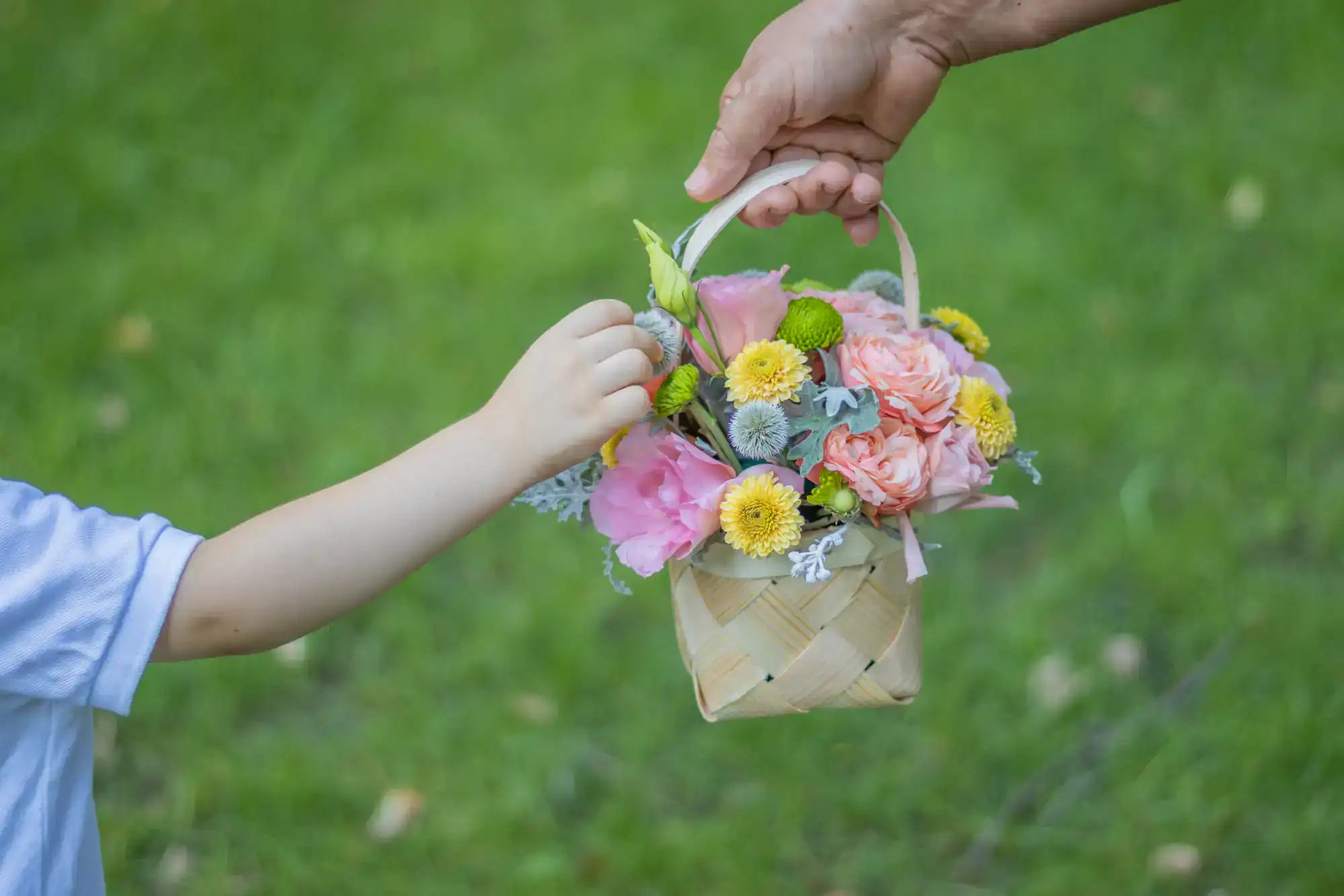 A child&rsquo;s hand reaches for a small basket of colorful flowers being held by an adult, with a green grassy background.