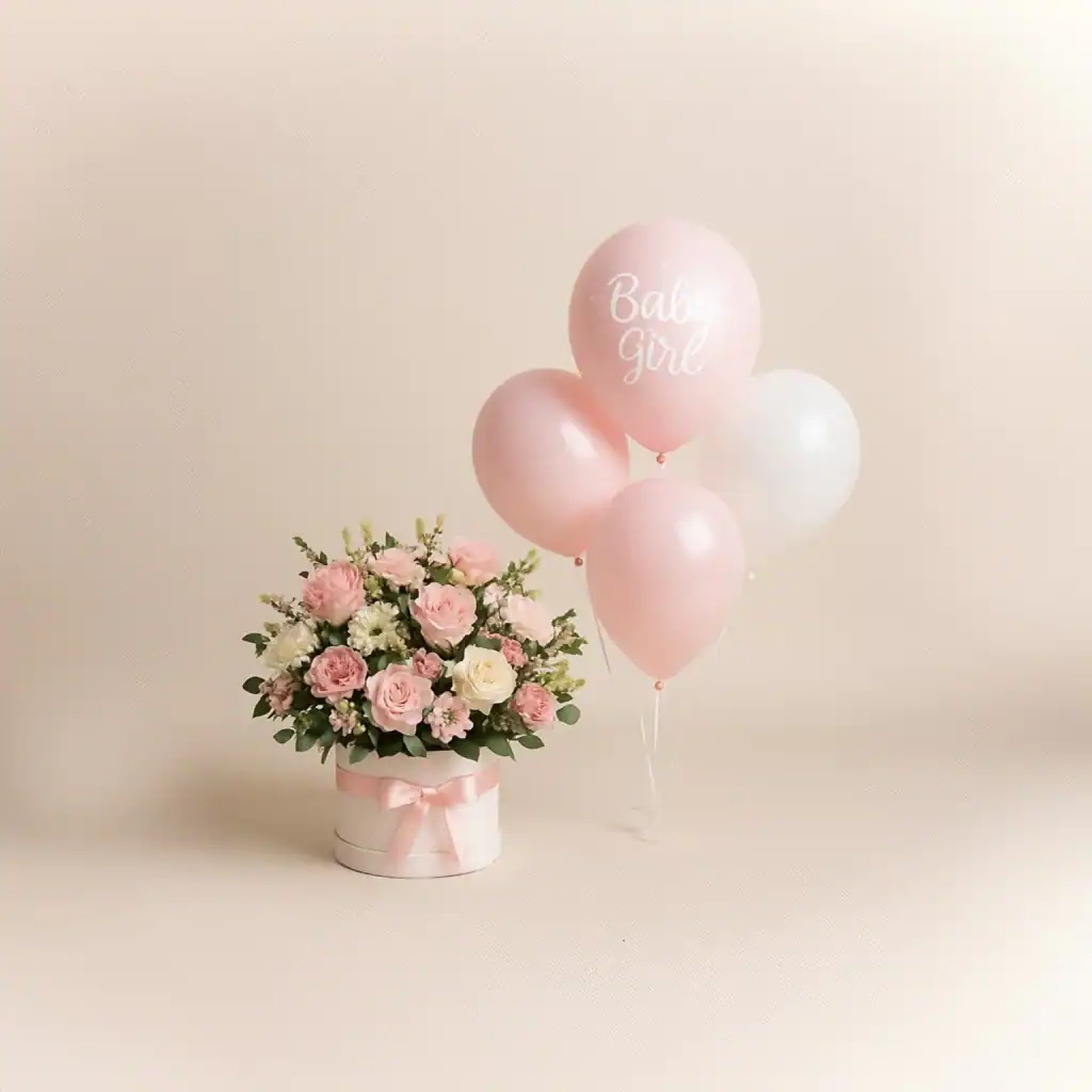 A round white box of pink and white flowers with a pink ribbon sits beside four balloons, three pink and one white. One pink balloon has "Baby Girl" written on it. The background is light beige.