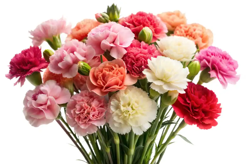 A bouquet of colorful carnations in shades of pink, red, white, peach, and orange with green stems and buds, set against a white background.