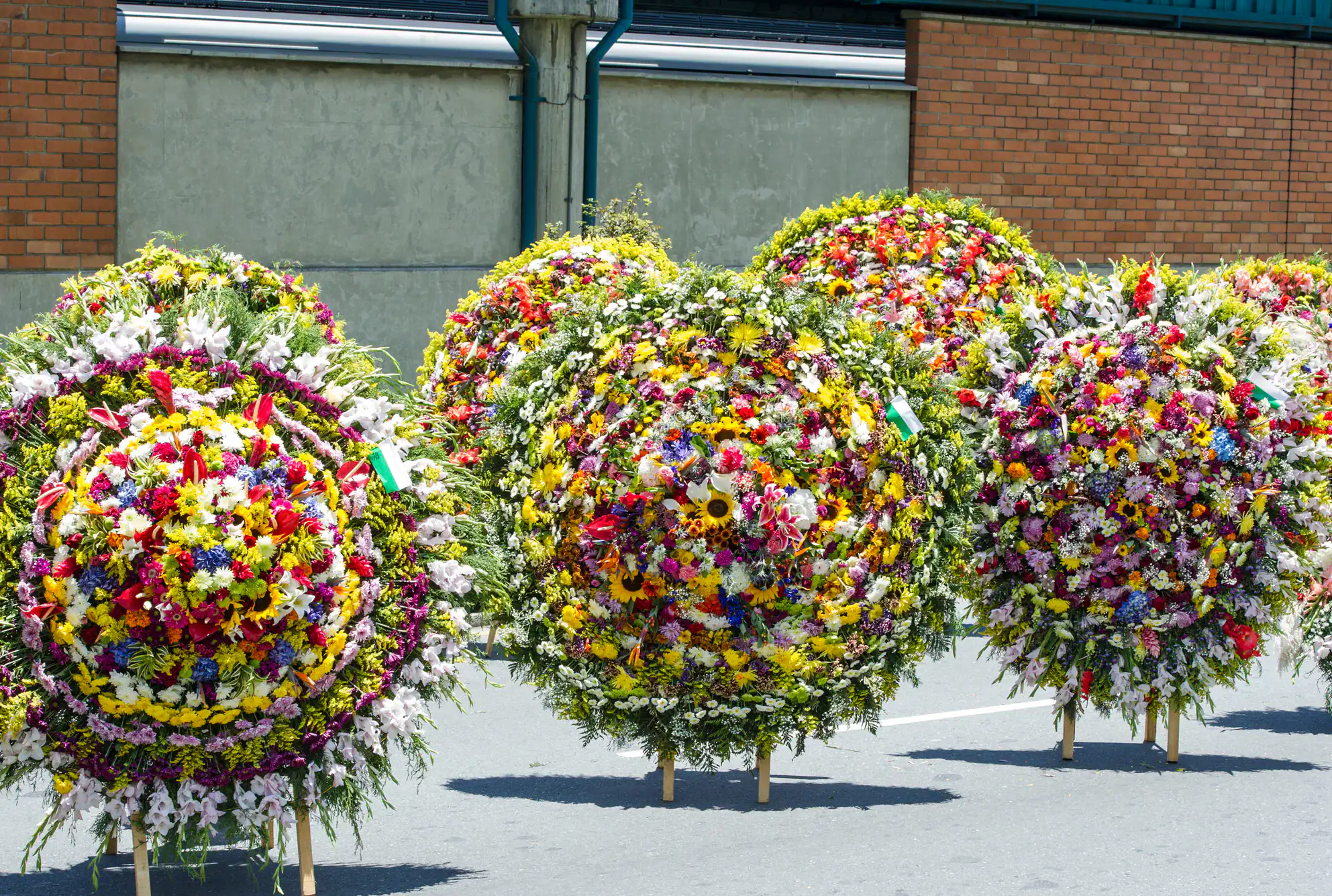 Large, colorful circular floral arrangements stand on wooden frames outdoors, filled with a variety of flowers in red, yellow, purple, and white hues. They are displayed on a paved surface near a brick wall.