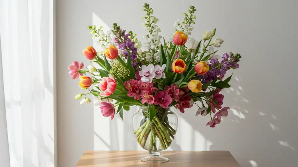 A glass vase filled with a colorful arrangement of tulips, orchids, and other flowers sits on a wooden table in a sunlit room with white walls and sheer curtains.