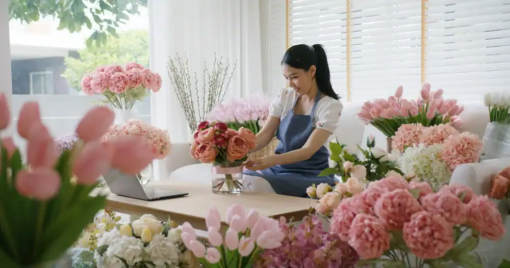 A woman in an apron arranges a bouquet of flowers at a table, surrounded by various colorful flowers, with a laptop open in front of her in a bright, sunlit room.