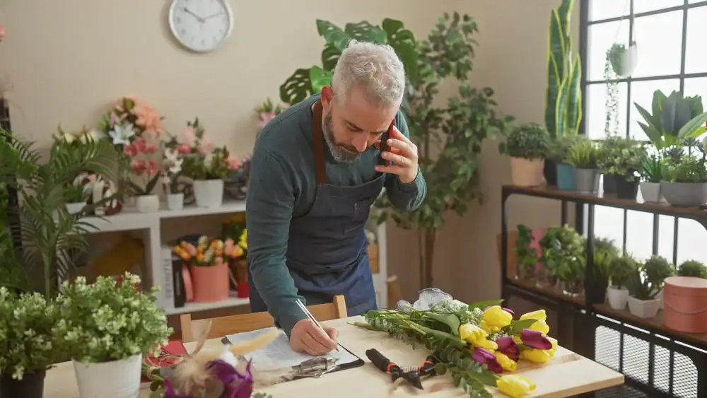 A man with gray hair and beard, wearing an apron, talks on the phone while writing on a clipboard at a table with flowers, tools, and plants in a bright room filled with greenery.