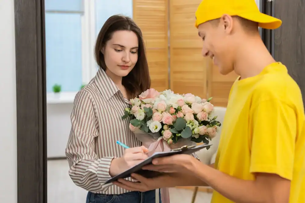 A woman holding a bouquet of pink and white flowers signs a clipboard held by a smiling delivery person in a yellow shirt and cap at her door.