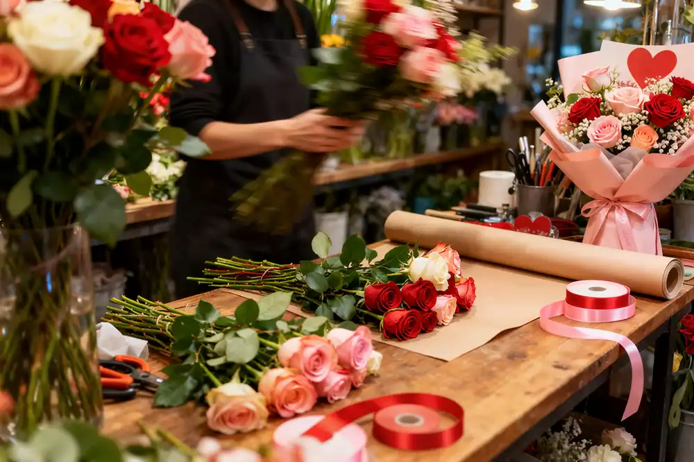 A florist arranges bouquets of roses on a wooden table, surrounded by pink, red, and white flowers, wrapping paper, scissors, and pink ribbon in a flower shop.