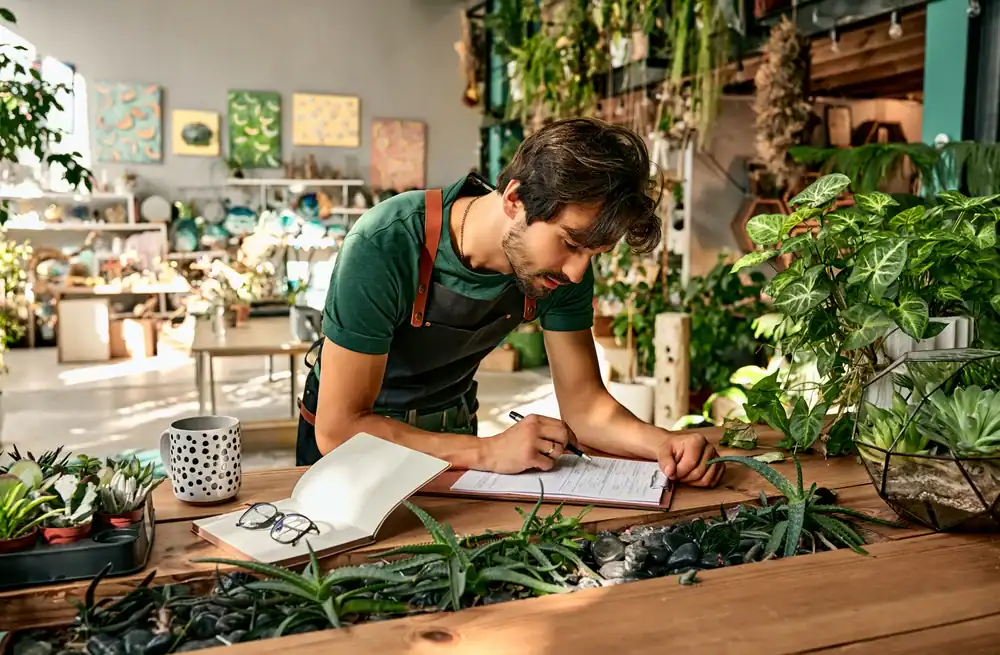 A man wearing an apron writes in a notebook while standing at a table surrounded by plants in a bright, cozy indoor garden shop. A mug, glasses, and open notebook sit nearby.