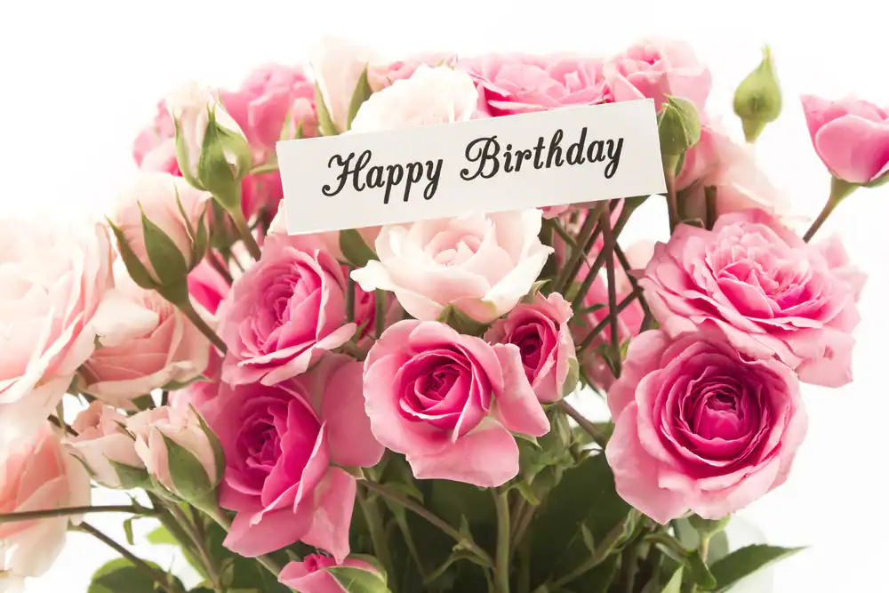 A bouquet of pink and light pink roses with a white card that says "Happy Birthday" nestled among the flowers. The background is white, making the colors of the roses stand out.
