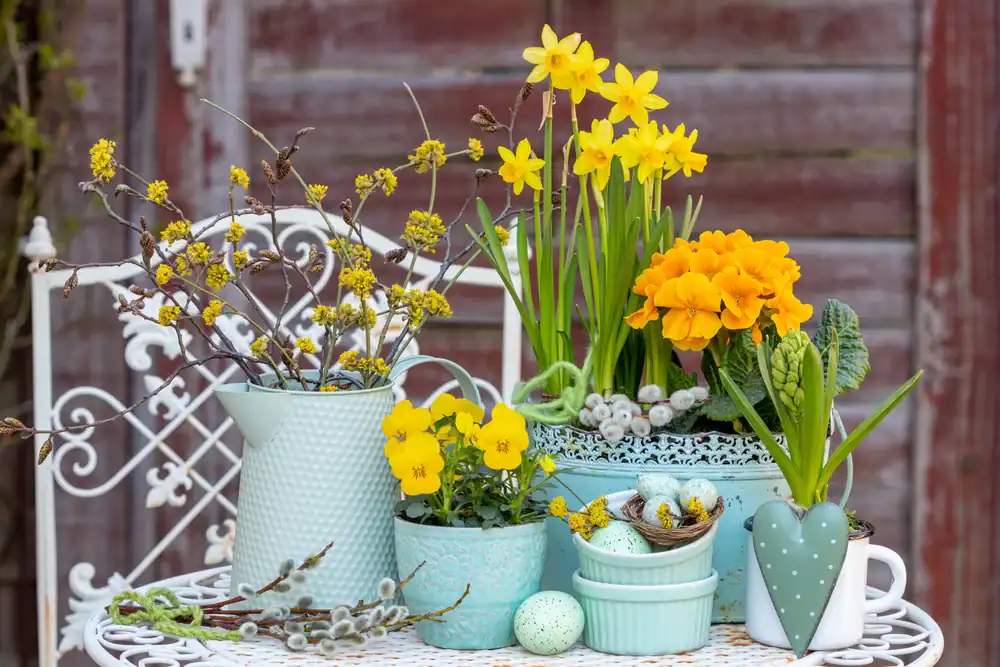 A white metal chair holds pastel pots filled with yellow daffodils, primroses, and other spring flowers. Decorative eggs, a green heart, and pussy willow branches add seasonal accents. A rustic wooden wall is in the background.