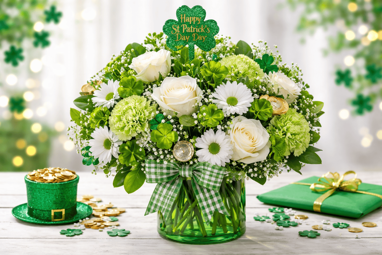 A festive bouquet with white and green flowers, gold coins, and a "Happy St. Patrick's Day" sign in a green vase. Beside it are a green hat filled with gold coins and a green gift box. Shamrock decorations are in the background.