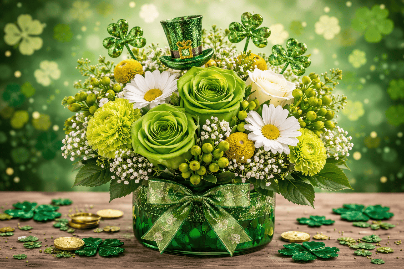 A festive St. Patrick’s Day bouquet with green roses, daisies, and shamrock decorations in a green vase, topped with a leprechaun hat ornament and gold coins scattered on a wooden surface.