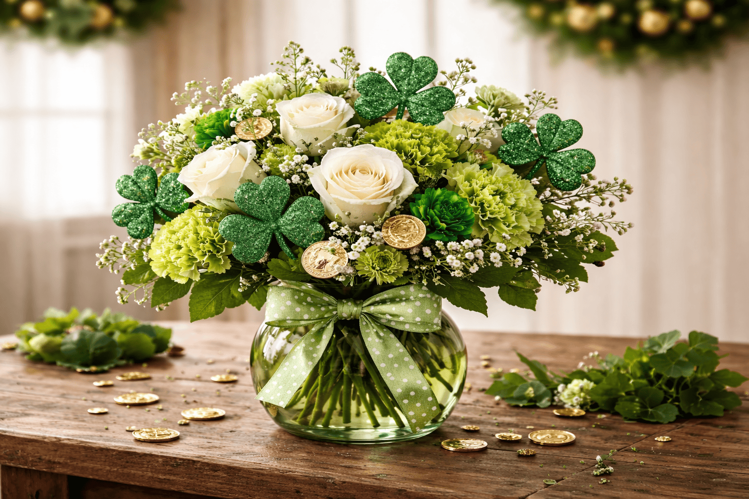 A glass vase with white roses, green hydrangeas, baby's breath, sparkling green shamrocks, gold coins, and a green polka-dot ribbon sits on a rustic wooden table, with festive greenery in the background.