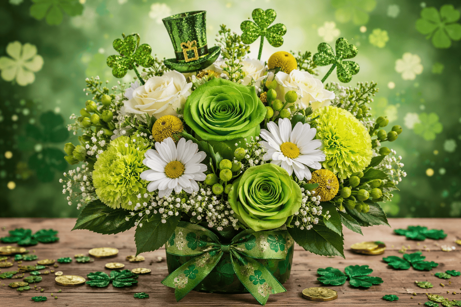 A festive flower arrangement with green roses, white daisies, and shamrock decorations, featuring a small leprechaun hat and green ribbon, surrounded by gold coins and clovers on a wooden table.