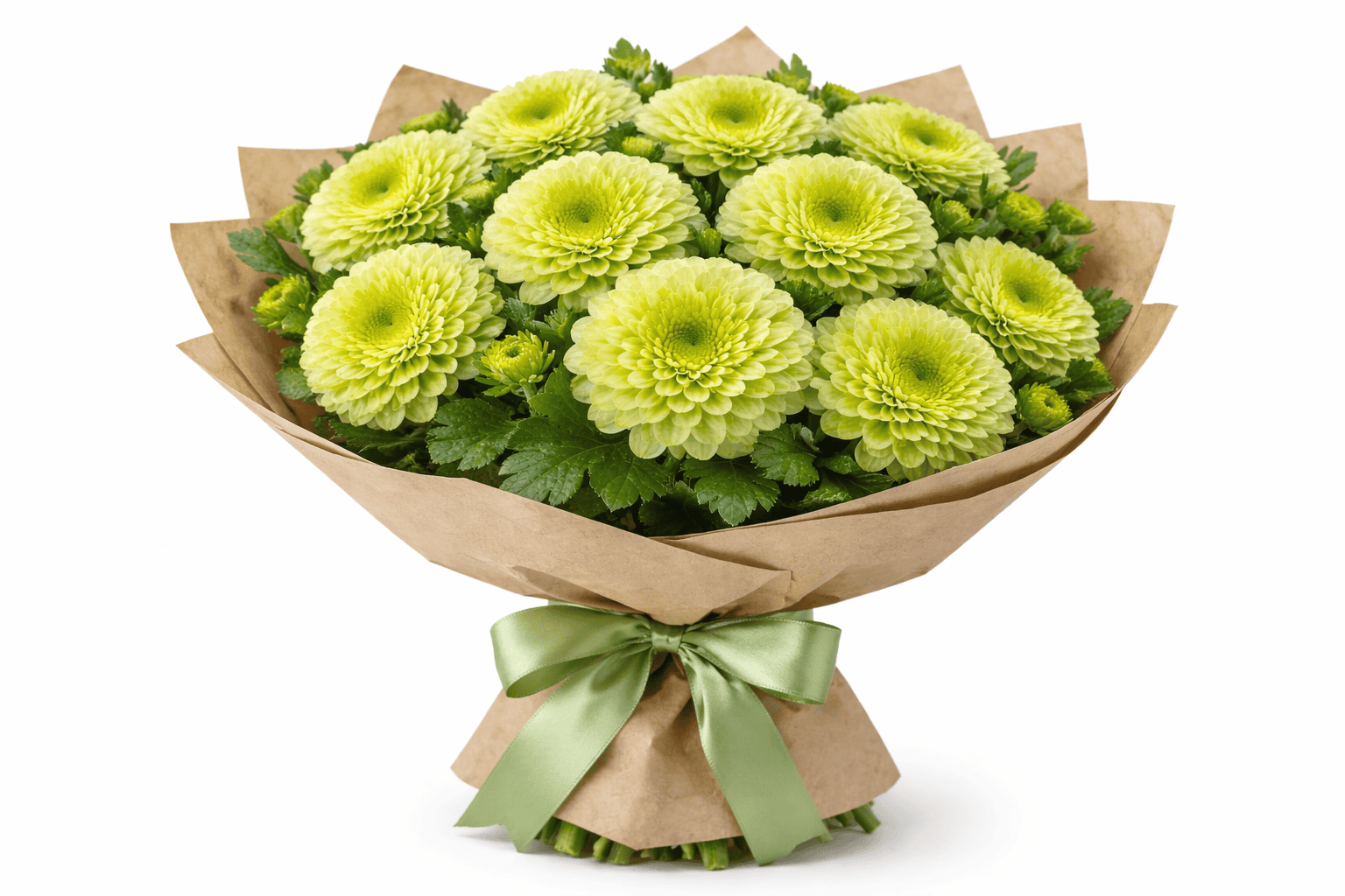 A bouquet of light green chrysanthemums wrapped in brown paper and tied with a green satin ribbon, isolated on a white background.