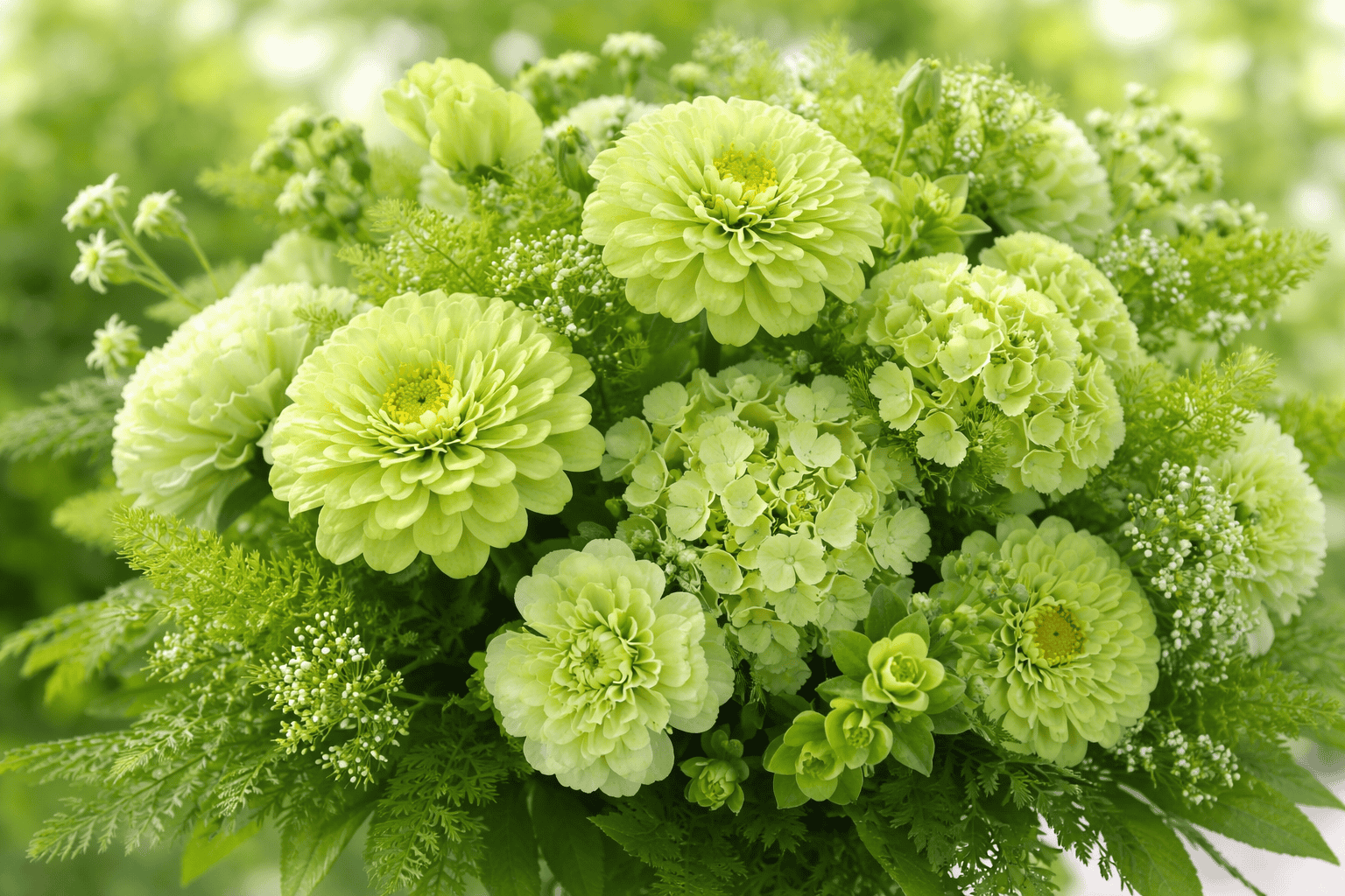 A close-up of a bouquet featuring green zinnia flowers, green hydrangeas, and assorted greenery with delicate leaves, all in soft, fresh shades of green. The background is blurred with similar colors for a natural look.