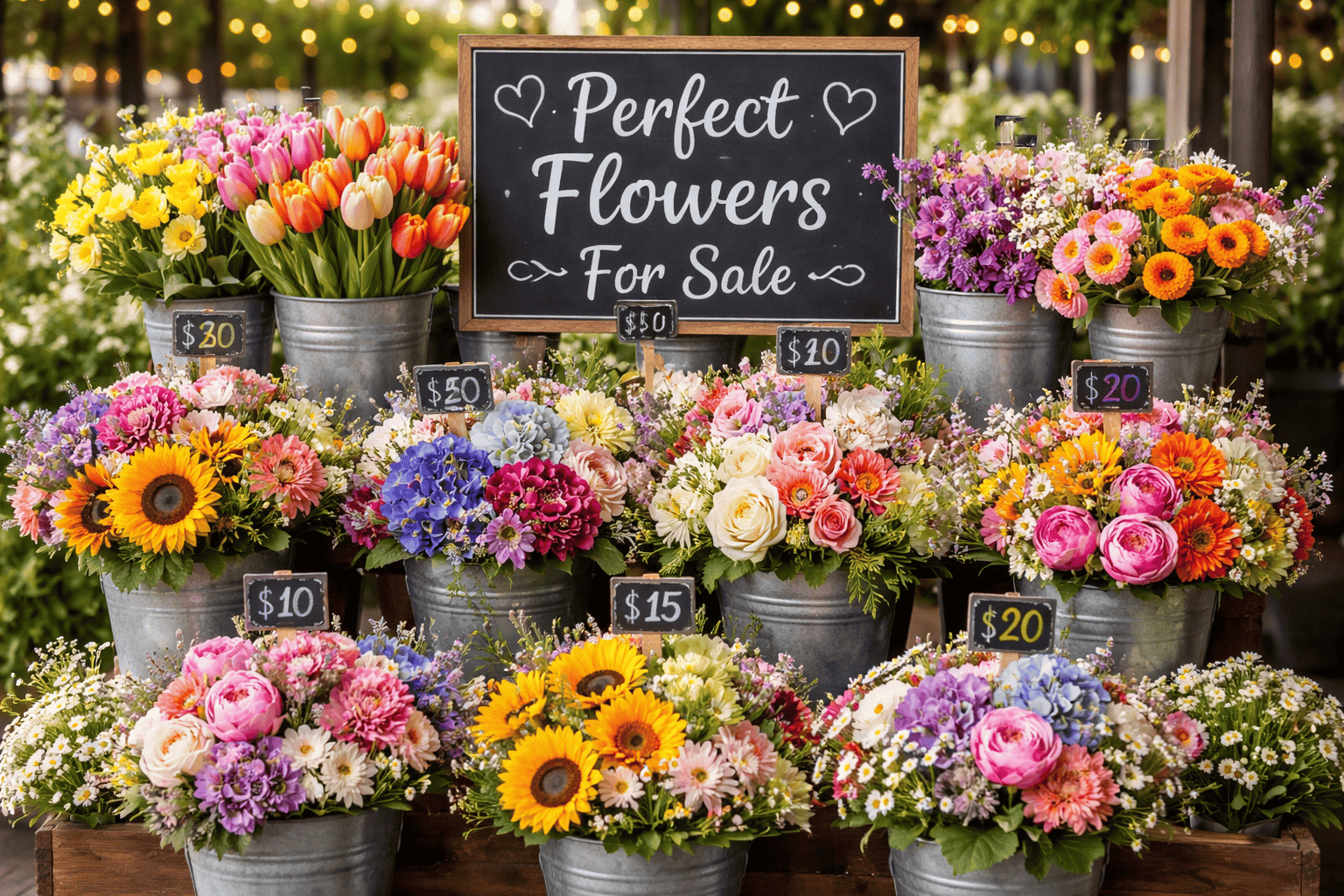 Buckets of colorful flower bouquets are displayed for sale with price tags, arranged around a blackboard sign that reads "Perfect Flowers For Sale" in handwritten white letters.